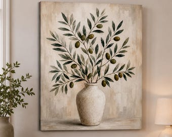 Olive Branch Canvas Wall Art, Textured Vase Botanical Wall Décor, Textured Olive Leaves Artwork, Living Room Wall Decor