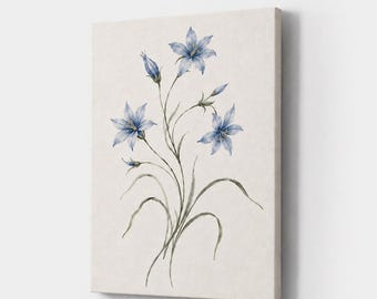 Blue Wildflower Canvas Print, Watercolor Botanical Wall Art, Minimalist Floral Painting, Vintage Blue Flower Decor