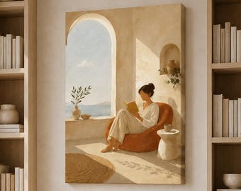 Woman Reading by Window Canvas Print, Coastal Boho Home Decor & Wall Art