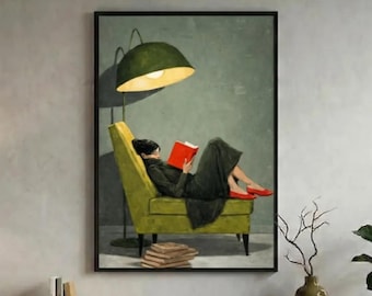 Minimalist Woman Reading Print, Modern Earth Tone Portrait Wall Art, Cozy Home Library Decor, Bookworm Gift