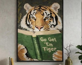 Humorous Tiger Reading Art Print, Bookworm Gift, Cozy Library Decor, Student Study Wall Poster