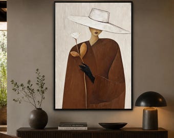 Lámina artística de mujer elegante, retrato femenino contemporáneo para decoración de pared, obra de arte de moda en tonos beige neutros.