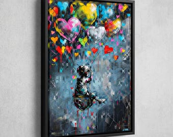 Vibrant Street Art Canvas, Girl with Balloons Print, Modern Urban Decor, Colorful Abstract Love
