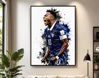 Kylian Mbappe France Football Neon Splatter Canvas Wall Art, Soccer Graffiti Print, Urban Sports Decor, Man Cave Gift