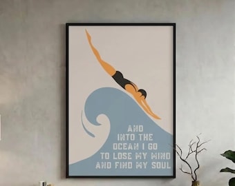 Into the Ocean I Go Poster, Inspirational Travel Art, Spiritual Yoga Poster, Vintage Water Decor for Home or Office