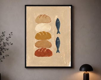 Cuadro de pared en lienzo con el diseño de los Cinco Panes y los Dos Peces, lámina con la historia bíblica de Jesús alimentando a los 5000, decoración cristiana para el hogar, temática religiosa.