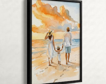 Beach Family Day Wall Art, Watercolor Ocean Scene Print, Minimalist Poster, Summer Home Art
