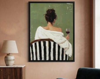 Cuadro al óleo pintado a mano: Mujer con vino, arte mural con textura de empaste, impresión en lienzo de estilo bohemio moderno, decoración elegante con figura femenina.