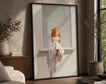 Cuadro minimalista de mujer leyendo, lienzo para amantes de los libros, decoración literaria moderna, obra de arte neutra para rincón de lectura.