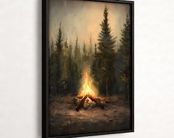 Dark Forest Campfire Wall Art, Rustic Woodland Poster, Cozy Cabin Decor, Pine Tree Landscape Print, Camping Aesthetic