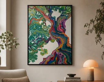 Cuadro decorativo Árbol Arcoíris, Lienzo con Impresión de Naturaleza Colorida, Decoración Botánica Abstracta, Obra de Arte Moderna para Sala de Estar