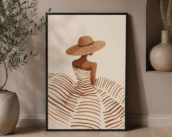 Lámina minimalista de mujer con sombrero - Decoración de pared bohemia moderna, dibujo lineal elegante, estética cálida y neutra, póster con ambiente veraniego