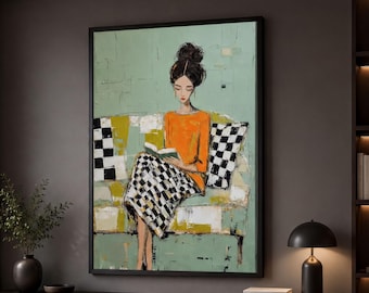 Lámina decorativa vintage de una mujer leyendo, retrato minimalista moderno sobre lienzo, decoración neutra para sala de estar, estilo bohemio.