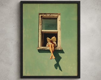 Arte para ventana para amantes de los libros, pintura al óleo minimalista de una niña leyendo, decoración de pared en tonos verdes intensos, regalo estético para bibliotecarios.