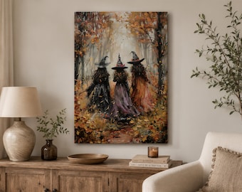 Lienzo con estampado de bruja otoñal: Arte del bosque de Halloween