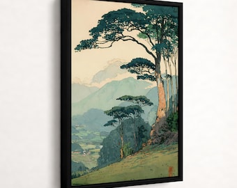 Vintage Nature Wall Art, Japanese Mountain Forest Print, Minimalist Tree Poster, Calm Landscape Decor, Zen