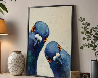 Whimsical Pigeons Art Print, Mid Century Retro Bird Poster, Quirky Animal Wall Art for Kitchen or Living Room Decor