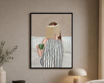 Lámina artística de mujer leyendo, póster de libro, arte de pared femenino y acogedor, retrato abstracto contemporáneo, lámina de otoño