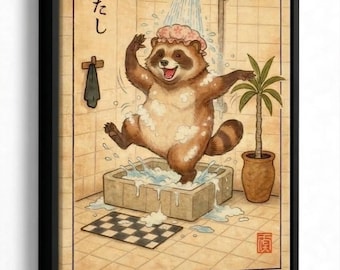 Raccoon Shower Poster, Cute Japanese Style Animal Print, Whimsical Bathroom Wall Art, Fun Cartoon Illustration