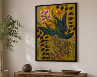 Arte mural botánico llamativo, estampado expresionista de flores silvestres, lienzo floral colorido, decoración moderna de estilo rústico.
