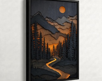 Layered Mountain Landscape with Forest River - Rustic Cabin Style,