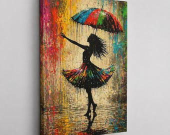 Dancing Woman in Rain Canvas Print: Colorful Home Decor Art