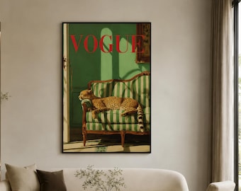 Cuadro de leopardo vintage, estampado de moda retro Vogue, lienzo con estampado animal elegante, decoración para el hogar con estilo inspirada en revistas.