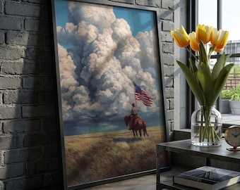 Póster de vaquero sosteniendo la bandera estadounidense, arte mural patriótico vintage de verano, decoración vaquera americana