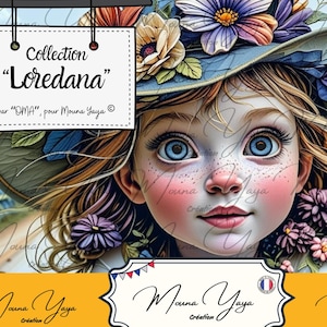 Könnte beinhalten: Digitale Kunst eines jungen Mädchens mit blauen Augen, Sommersprossen und rosigen Wangen, das einen Hut mit Blumen trägt. Das Bild enthält den Text "Collection Loredana" und "Mouna Yaya". Der Hintergrund zeigt ein Lavendelfeld.