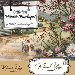 Könnte beinhalten: Ein Mixed-Media-Kunstwerk mit einer floralen Landschaft und dem Text "Collection Flânerie Bucolique". Das Kunstwerk zeigt weiße Gänseblümchen, rosa Blumen und einen Pfad, mit der Signatur des Künstlers unten.