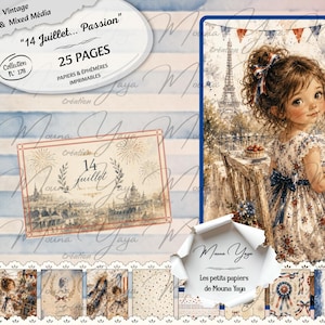 Peut inclure: Un kit de scrapbooking numérique intitulé 14 Juillet Passion comprenant 25 pages imprimables. L'image principale montre une jeune personne à table avec une vue sur la tour Eiffel, entourée d'illustrations, de feux d'artifice et de fleurs.