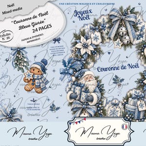 Peut inclure: Une collection numérique imprimable sur le thème d'une couronne de Noël bleue et blanche avec le Père Noël, un bonhomme en pain d'épice, des cadeaux, des nœuds et des flocons. Le texte inclut "Couronne de Noël Bleue Givrée", "Joyeux Noël", "Meilleurs Moments" et "Mouna Yaya".