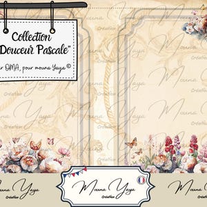 Peut inclure: Une page imprimable de style vintage avec deux cadres, chacun avec un motif floral et un titre qui lit "Collection "Douceur Pascale" par OMA, pour mouna Yaya".