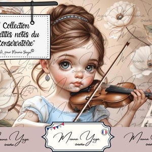 Peut inclure: Une jeune fille aux cheveux bruns et aux yeux bleus joue du violon. Elle porte une robe bleu clair et un bandeau argenté. L'arrière-plan est brun clair avec des fleurs blanches et une feuille de musique.