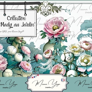 May include: A digital art print featuring a floral arrangement with pink and white peonies, green leaves, and a decorative vase. The artwork includes the text "Collection Mady au Jardin" and the artist's name.