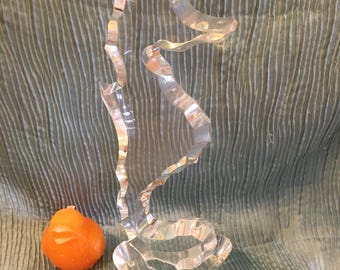 LUCITE SEAHORSE SCULPTURE by Norman, 18" Height x 7" Base, Mid Century, Abstract, Vintage Lucite, Signed Lucite, Beach Decor at Modern Logic