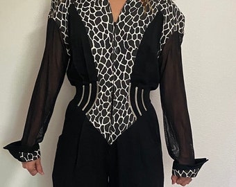 80s JUMPSUIT BLACK Otherworldly with Silver Boning Mob Wife Disco