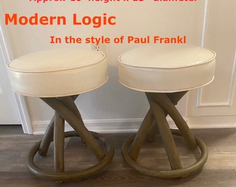 ROUND STRAND RATTAN Twist Stools -Pair!  In The Style of Paul Frankl, Tropical, Beach, Coastal, Boho, Tiki  Rattan Stool at Modern Logic