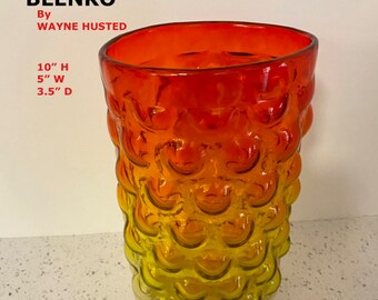 Mid Century Blenko Amberina Blown Glass Bubble Vase Orange Yellow by Wayne Husted