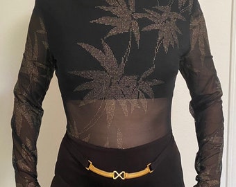 80s JUMPSUIT by Cache Gold Palm Trees and Mesh Evening Wear Studio 54 Florida California Vintage Jumpsuit Approx Size 6 at Mob Wife Era