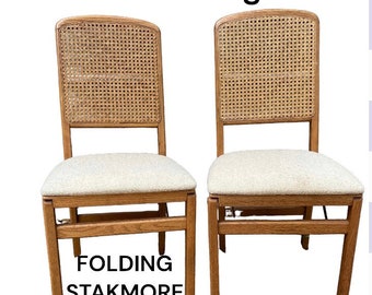 STAKMORE FOLDING CHAIRS Pair Cane Back and Wood  Great Condition Mid Century Modern Folding Chairs  at Modern Logic