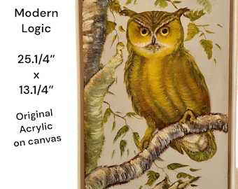OWL on CANVAS Mid Century Modern Signed and Framed, Boho, Modern, 70’s, Vintage Bright and Sunny at Modern Logic