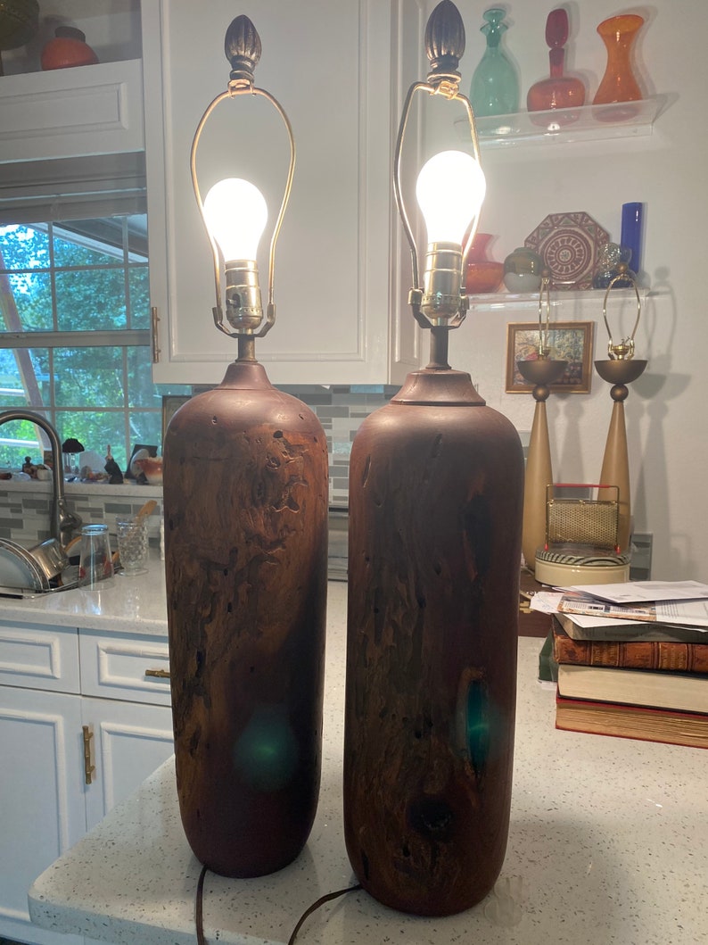Organic Ironwood Lamp Pair Wood Turned Sculptural Rustic Cabin Ranch Adirondack image 5