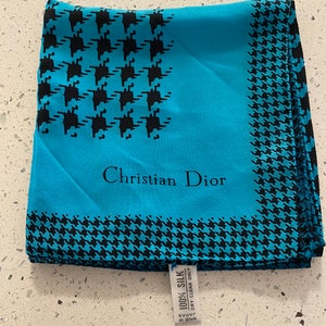 DIOR SILK SCARF Hand Rolled Japan Black Turquoise 26x 26 Vintage Christian Dior at Modern Logic image 4