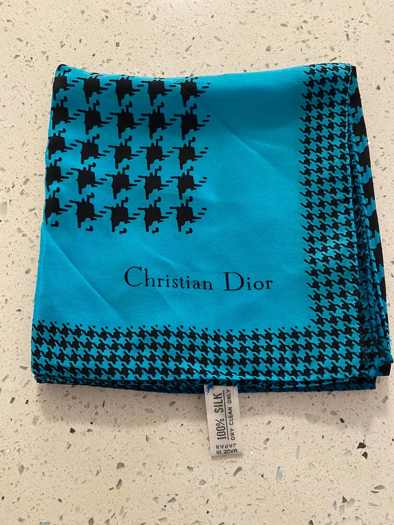 DIOR SILK SCARF Hand Rolled Japan Black Turquoise 26x 26 Vintage Christian Dior at Modern Logic image 4