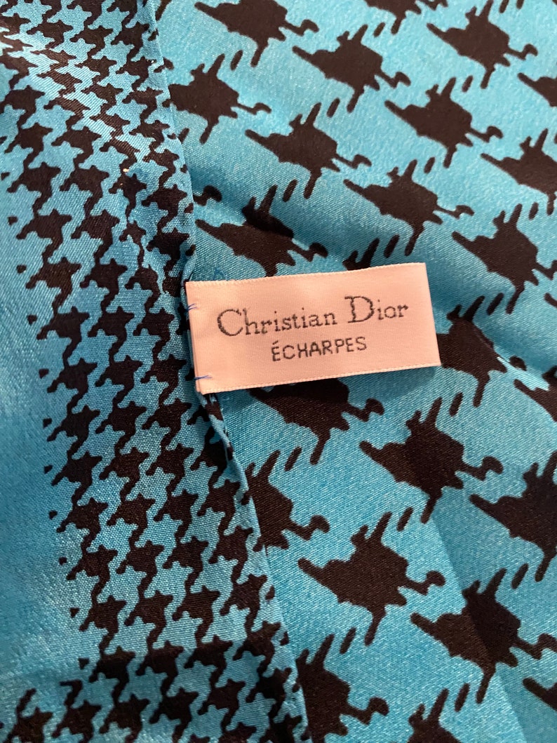 DIOR SILK SCARF Hand Rolled Japan Black Turquoise 26x 26 Vintage Christian Dior at Modern Logic image 7