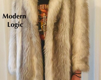 80s Faux Fur White and Grey Coat Jacket Unisex Ken Made in USA Ryan Gosling at Modern Logic