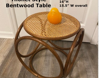 BENTWOOD CANE TABLE, Thonet Style Ottoman, Stool, Mid Century Bentwood Rattan Cane Table Eames Era at Modern Logic