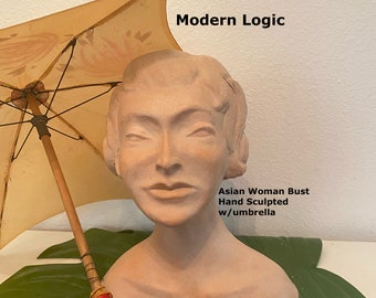 Mid Century Clay Asian Woman Bust Sculpture Chinoiseie, Grand Millennial, Hand Crafted at Modern Logic