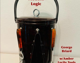 George Briard Ice Bucket Brown with Orange Lucite Tools Made in USA 70’s Mid Century Barware at Modern Logic